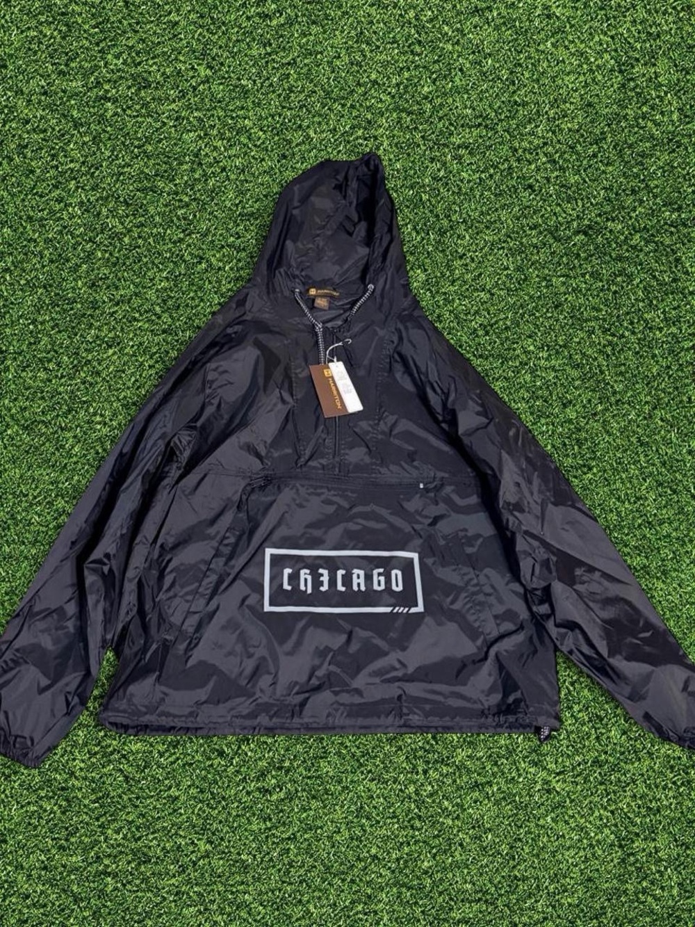 Chicago Graphic Black Hooded Windbreaker Jacket for Men